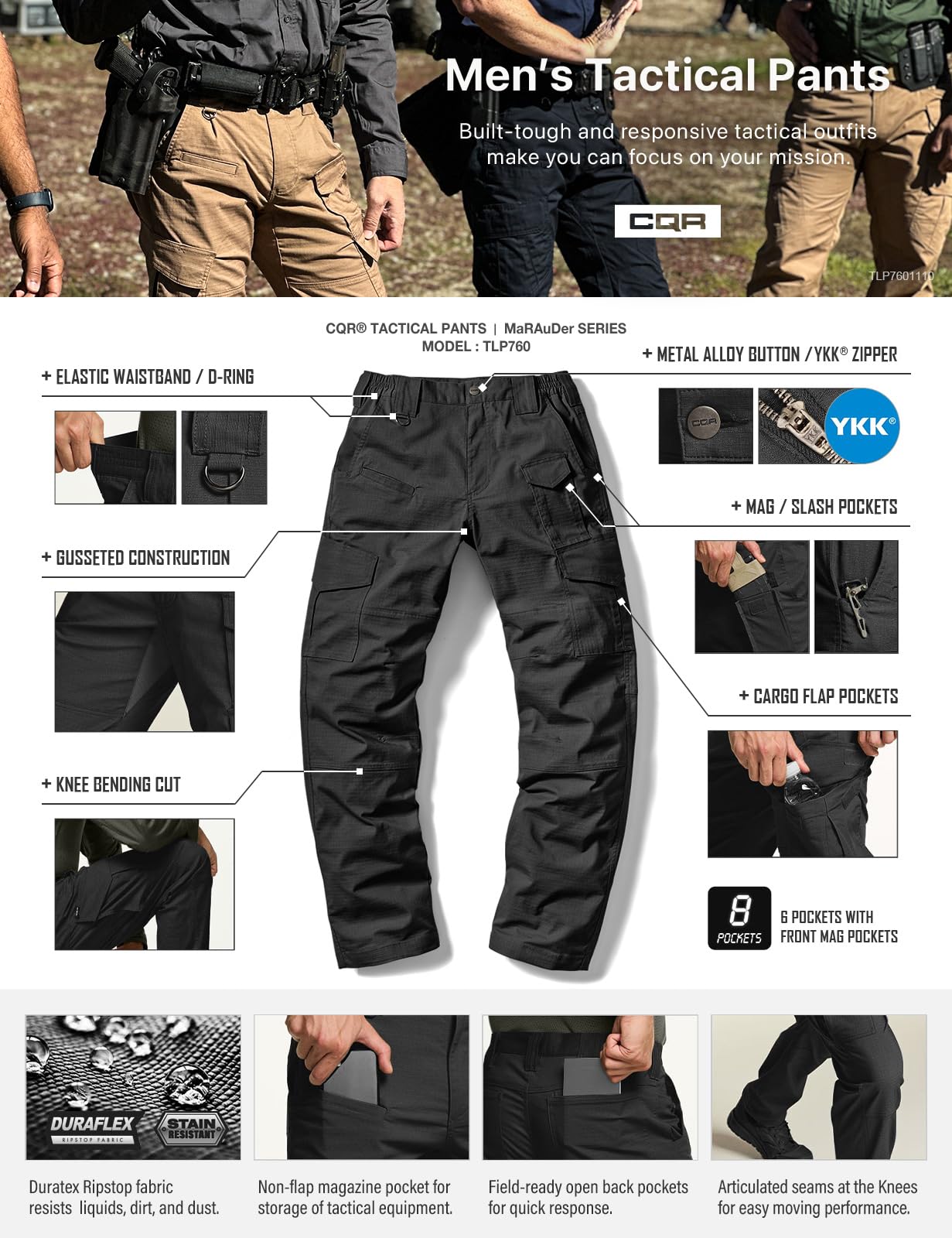 CQR Men's Flex Ripstop Tactical Pants, Water Resistant Stretch Cargo Pants, Lightweight EDC Hiking Work Pants, Dura Flex Mag Pocket Black, 36W x 30L