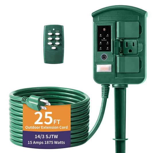 Outdoor Power Stake Timer for Christmas Light Decorations Waterproof, Dusk to Dawn, Outdoor Power Strip with 6 Outlets, 1875W/15A, 100FT Wireless Remote Control, 25FT Extension Cord, Heavy Duty