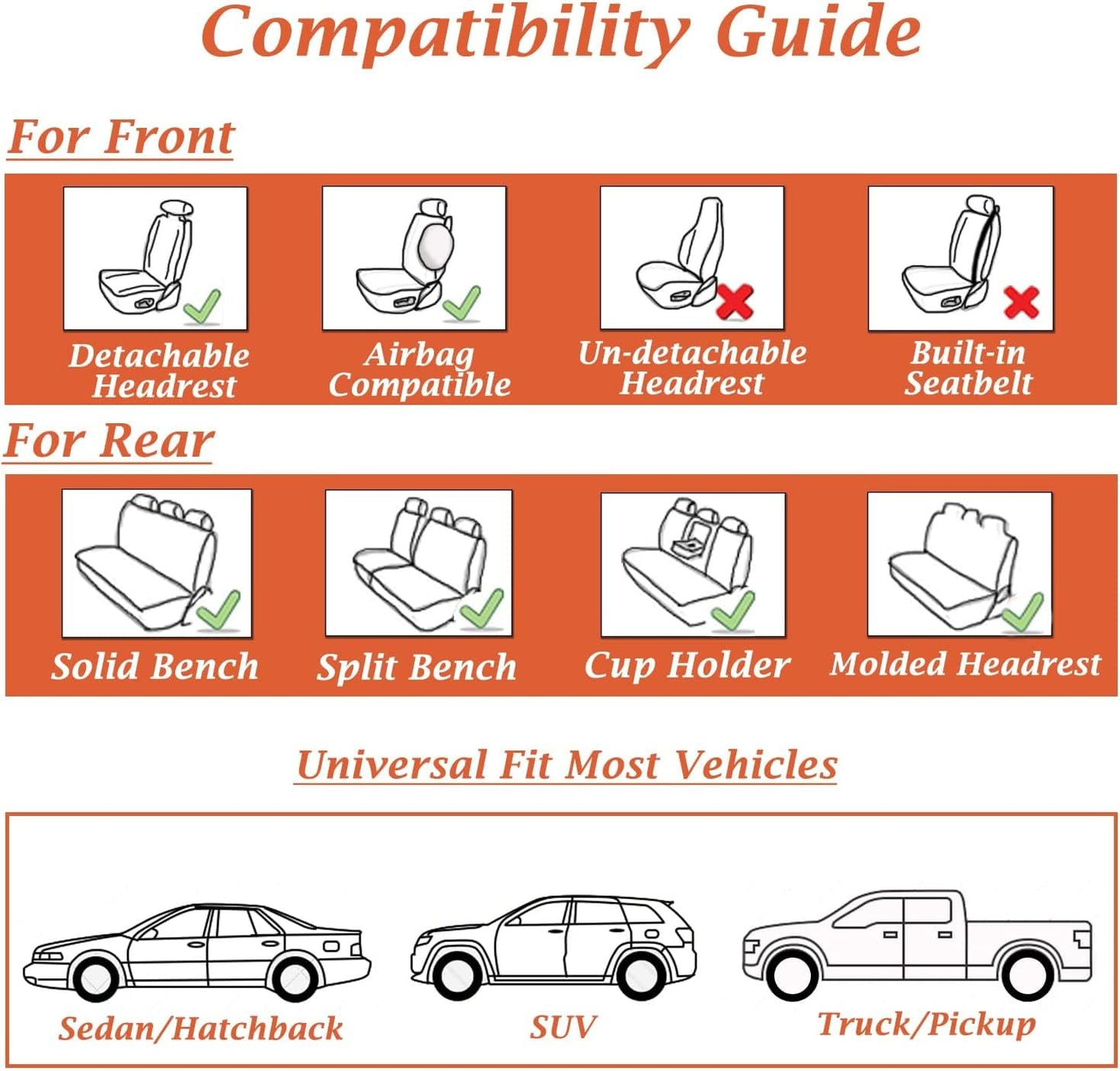 Coverado Front and Back Seat Covers 5 Pieces, Waterproof Nappa Leather Auto Seat Protectors Full Set with Head Pillow, Universal Car Accessories Fit for Most Sedans SUV Pick-up Truck, Brown