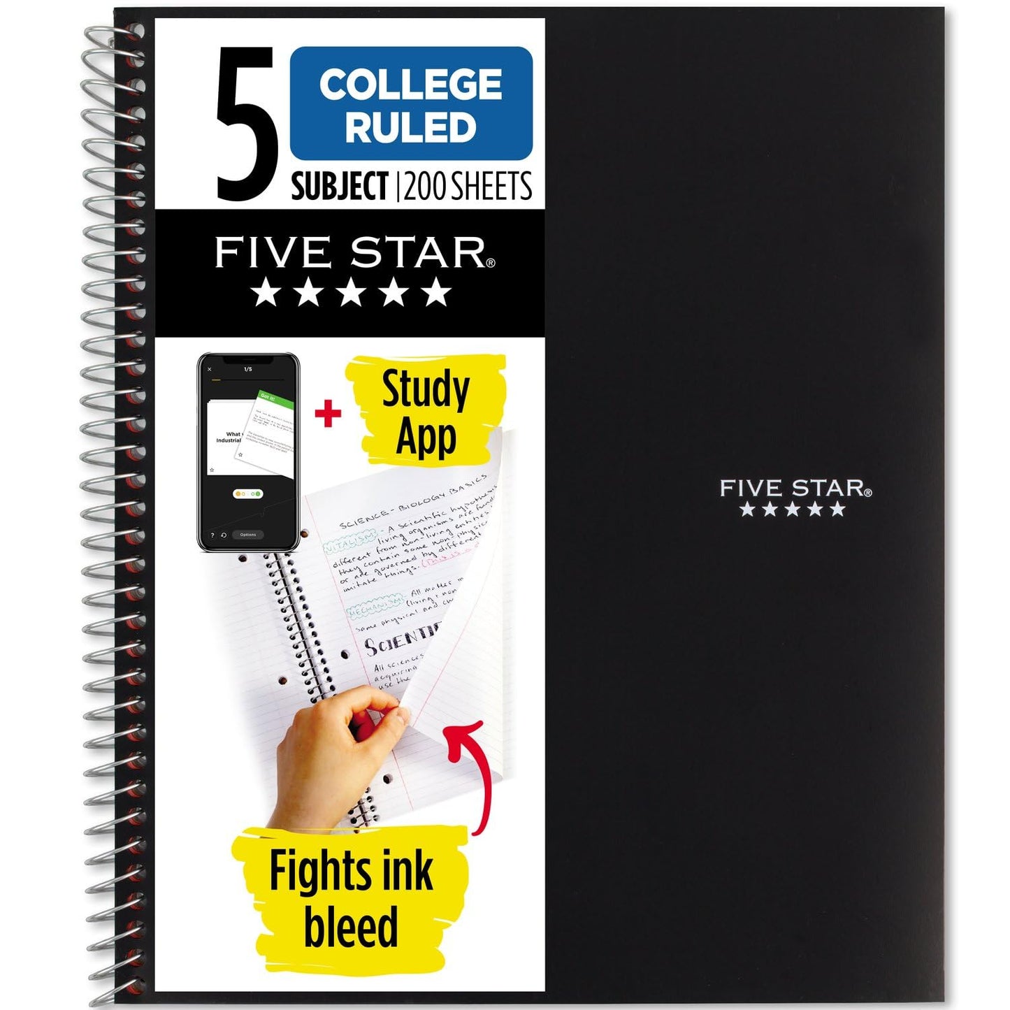 Five Star Spiral Notebook + Study App, 5 Subject, College Ruled Paper, 8-1/2" x 11", 200 Sheets, Fights Ink Bleed, Water Resistant Cover, Black (72081)