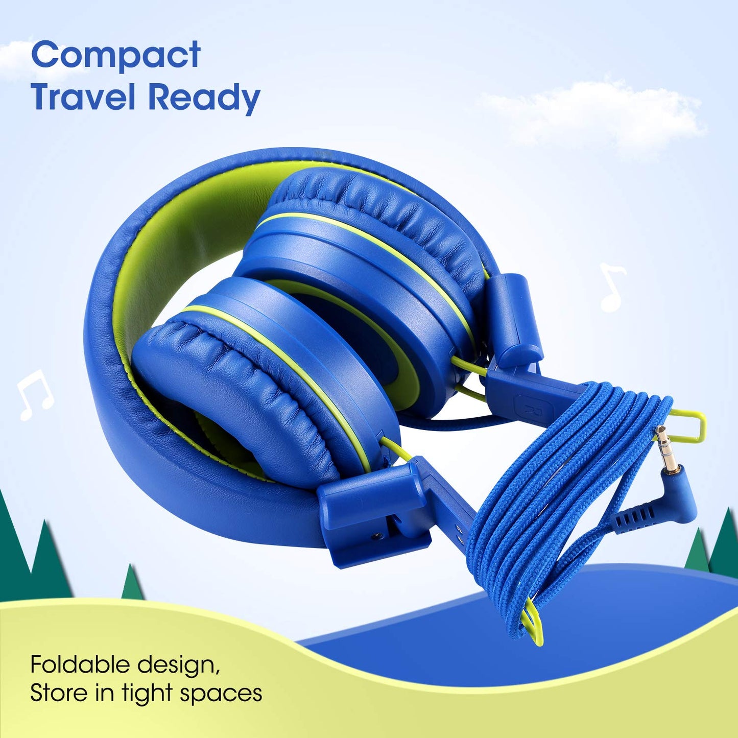 noot products Kids Headphones with Microphone K12 Stereo 5ft Long Cord with 85dB/94dB Volume Limit Wired On-Ear Headset for iPad/Amazon Kindle,Fire/Toddler/Boys/Girls/School(Blue/Lime)