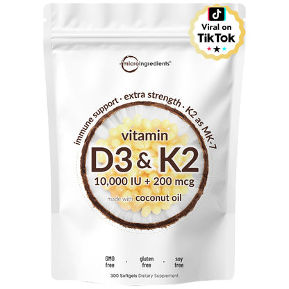 Vitamin D3 10000 iu Plus K2 (MK-7) 200 mcg, 300 Virgin Coconut Oil Softgels| 2 in 1 Vitamins D & K Complex | Supports Calcium Absorption, Bone, Immune, & Heart Health – Easy to Swallow