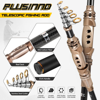 PLUSINNO Fishing Rod and Reel Combos Carbon Fiber Telescopic Fishing Rod with Reel Combo Sea Saltwater Freshwater Kit Fishing Rod Kit