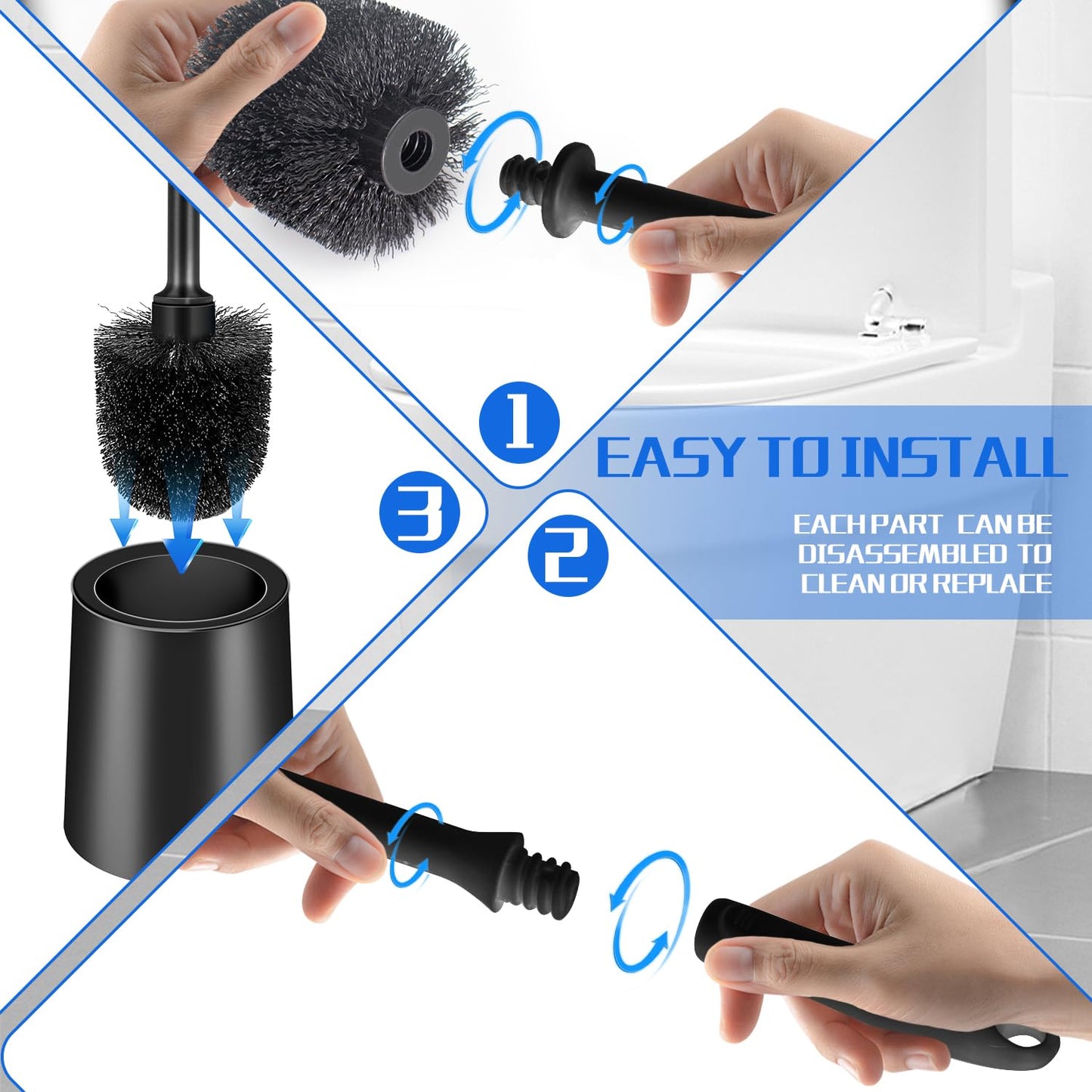 Toilet Brush and Holder 2 Pack with Long Handle - Non-Slip Grip Toilet Bowl Brush Set for Deep Cleaning Bathroom, Toilet Scrubber- Black