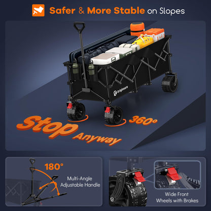 48" L Collapsible Wagon Cart Foldable, 560lbs Weight Capacity 300L Heavy Duty Folding Beach Wagons with Big All-Terrain Wheels, Utility Carts for Groceries, Shopping, Camping, Sports - Black