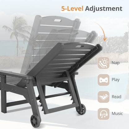 LUE BONA Chaise Lounge Chairs Set with Table, 3-Piece, 79'' Oversized HDPS Chaise Lounger, 5 Positions Adjustable Lounge Chairs, Pool Lounge Chair with Wheels for Poolside, 3 Year Warranty, Dark Gray