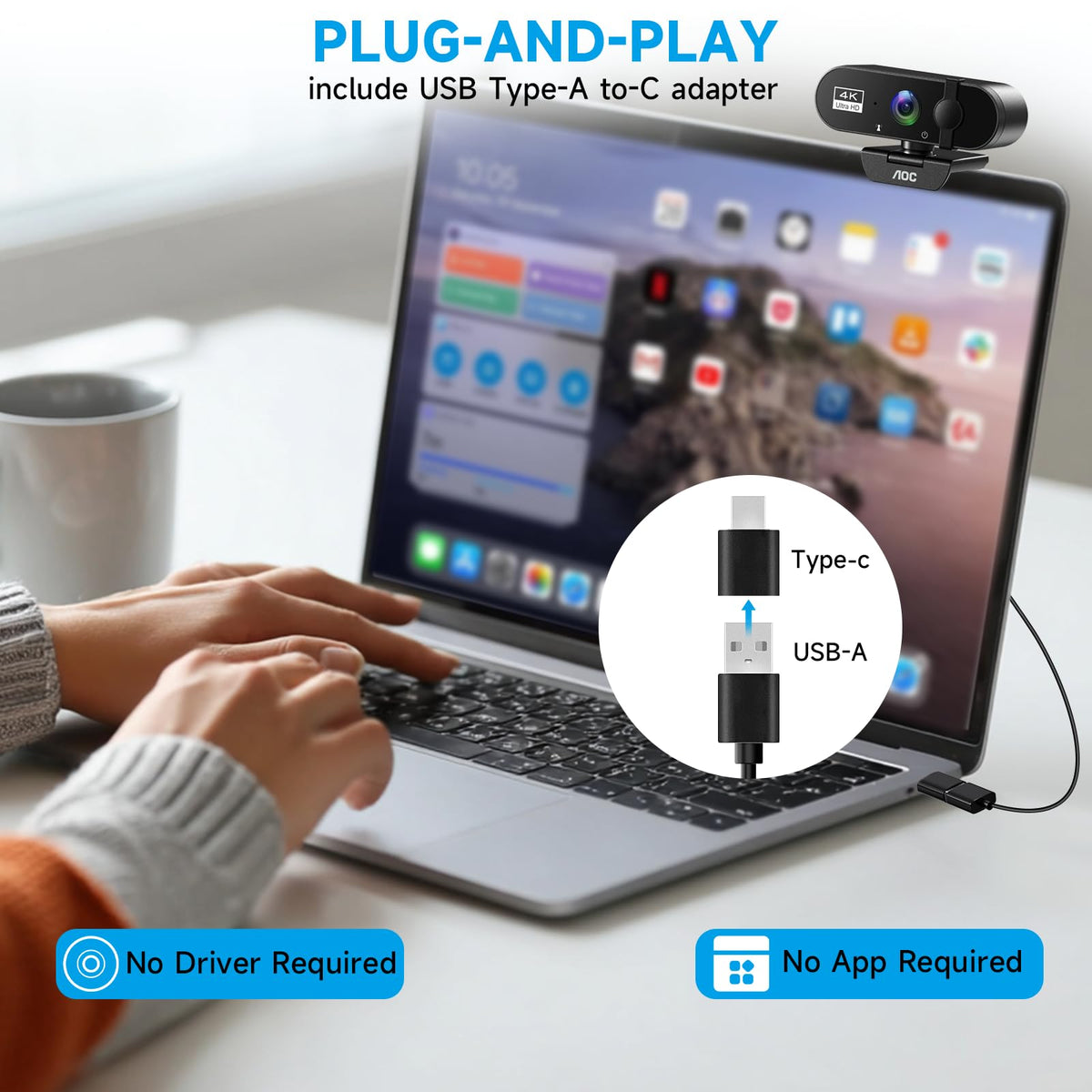 AOC 4k Webcam for PC with Microphone, Computer Camera with Noise Cancellation, Privacy Cover, 99° FOV, Plug & Play USB Webcam for Streaming, Conferencing, Zoom, Skype, Facetime, Laptop, PC, Skype