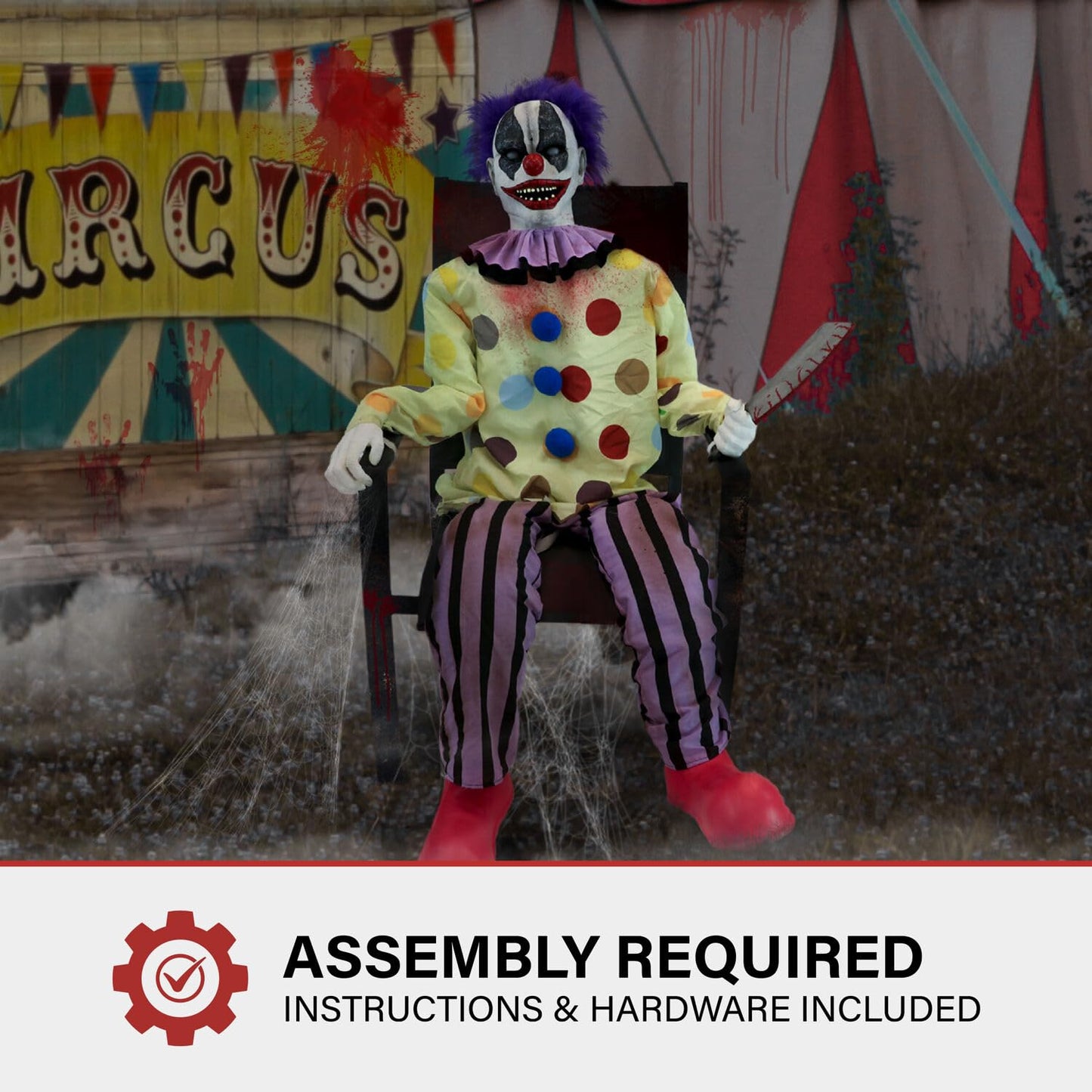 Haunted Hill Farm Motion-Activated Thrashing Clown with a Meat Cleaver by Tekky, Sitting Halloween Animatronic for Indoor or Covered Outdoor Creepy Halloween Decorations, Plug-in or Battery Operated