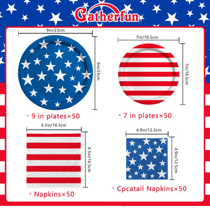 American Flag Patriotic Party Supplies Disposable dinner paper plates dessert paper plates Napkins and Cocktail napkins for Veterans Day Election Day 4th of July Independence Day Decorations, Serve 50