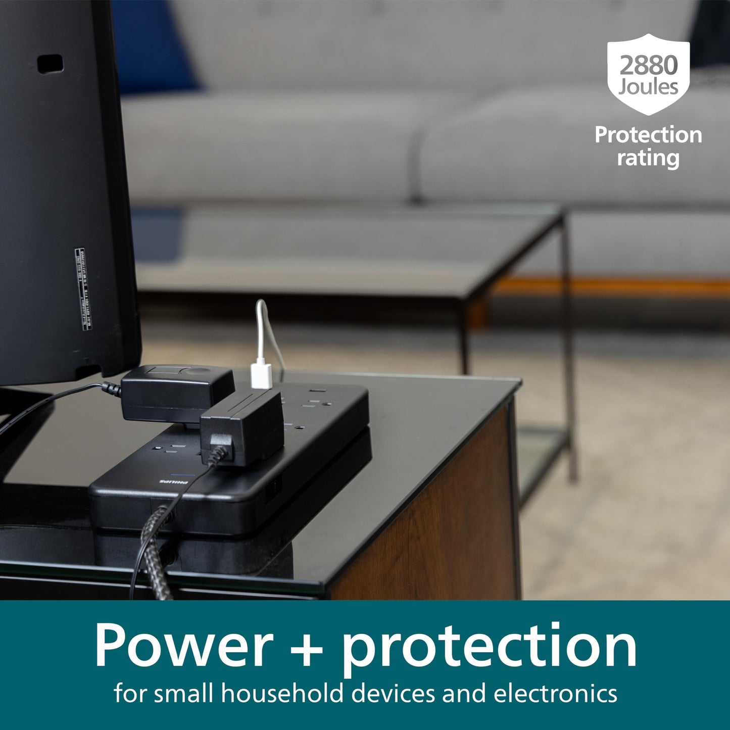 Philips EZFit 10-Outlet Surge Protector Power Strip, 6 Ft Braided Extension Cord, 2 USB Ports, Widely Spaced Outlets, Flat Plug, for Home Office Dorm Essentials, 2880 Joules, Black, SPP3403B/37