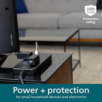 Philips EZFit 10-Outlet Surge Protector Power Strip, 6 Ft Braided Extension Cord, 2 USB Ports, Widely Spaced Outlets, Flat Plug, for Home Office Dorm Essentials, 2880 Joules, Black, SPP3403B/37