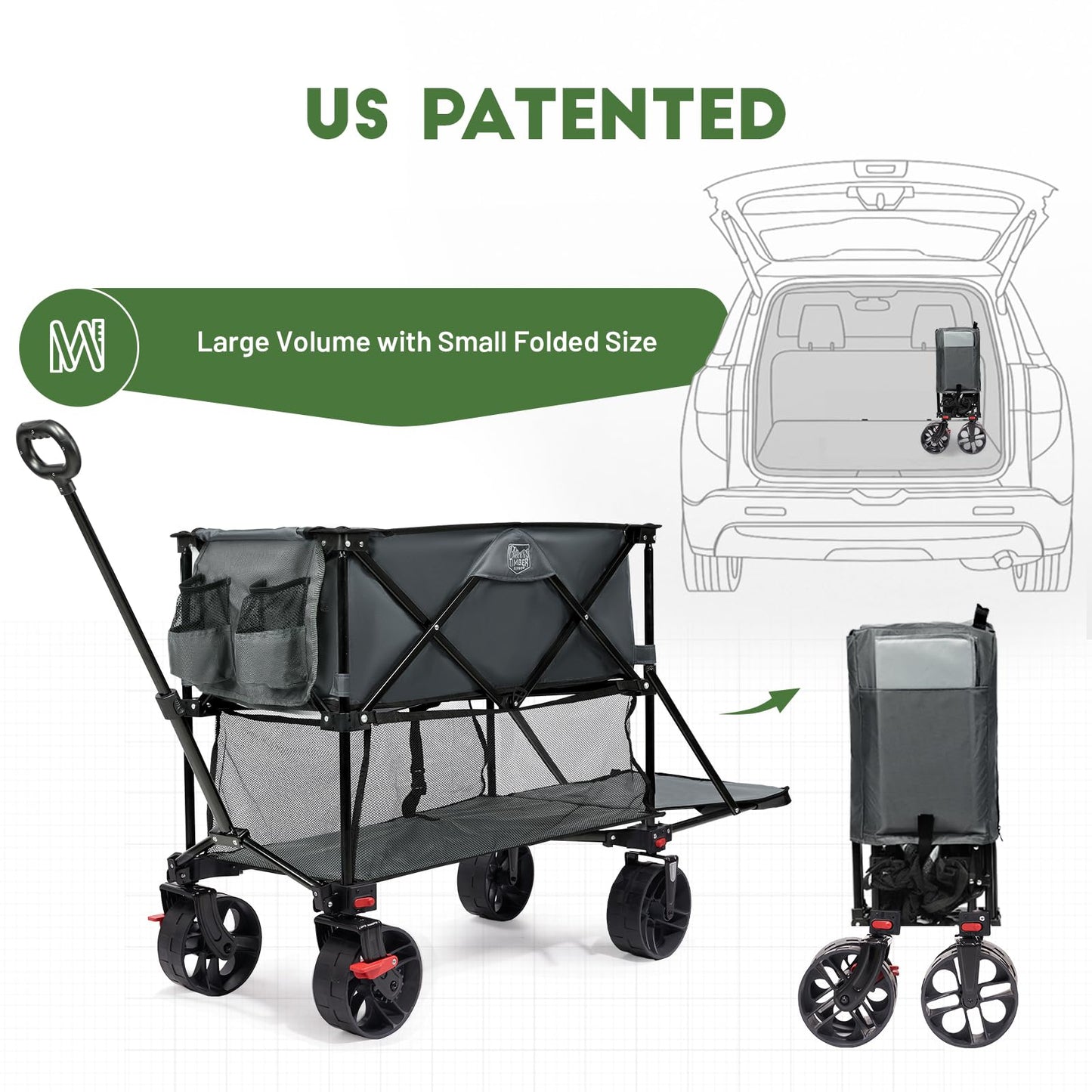 TIMBER RIDGE 400L Large Capacity Folding Double Decker Wagon with Brakes, 54" Extra Long Extender Wagon Cart, 450lbs Heavy Duty Collapsible Cart, All-Terrain Big Wheels for Camping, Sports, Shopping
