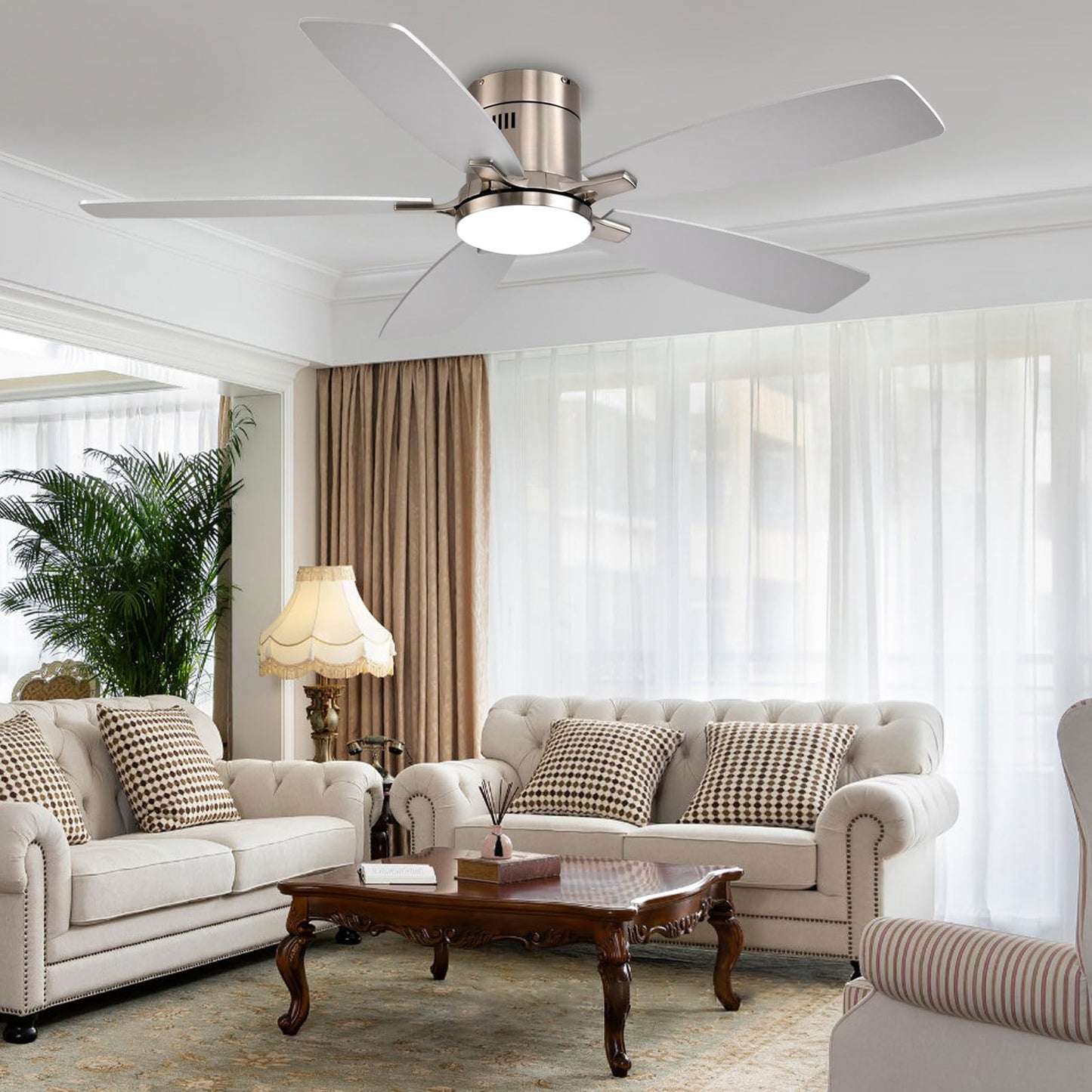 Ayaoty 52 Inch Low Profile Ceiling Fans with Lights and Remote, Flush Mount Modern Ceiling Fan, 3CCT Dimmable DC Ceiling Fan for Bedroom, Living Room, Brushed Nickel