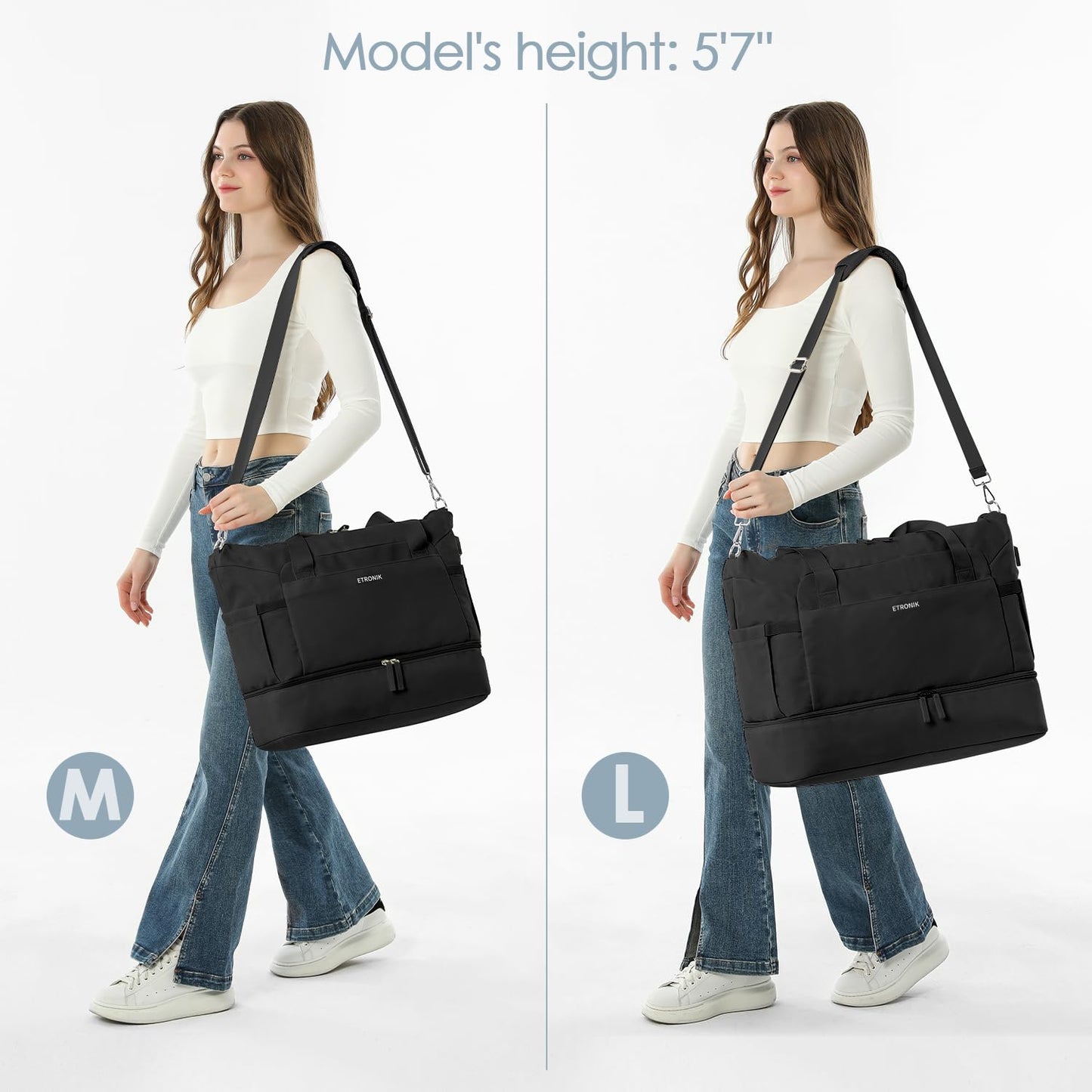 ETRONIK Gym Bag for Women, 47L Carry On Travel Duffel Bag with Shoes Compartment, Weekender Overnight Bag with Wet Pocket & USB Charging Port for Women, Travel, Gym, Weekend, Large Size (Black)