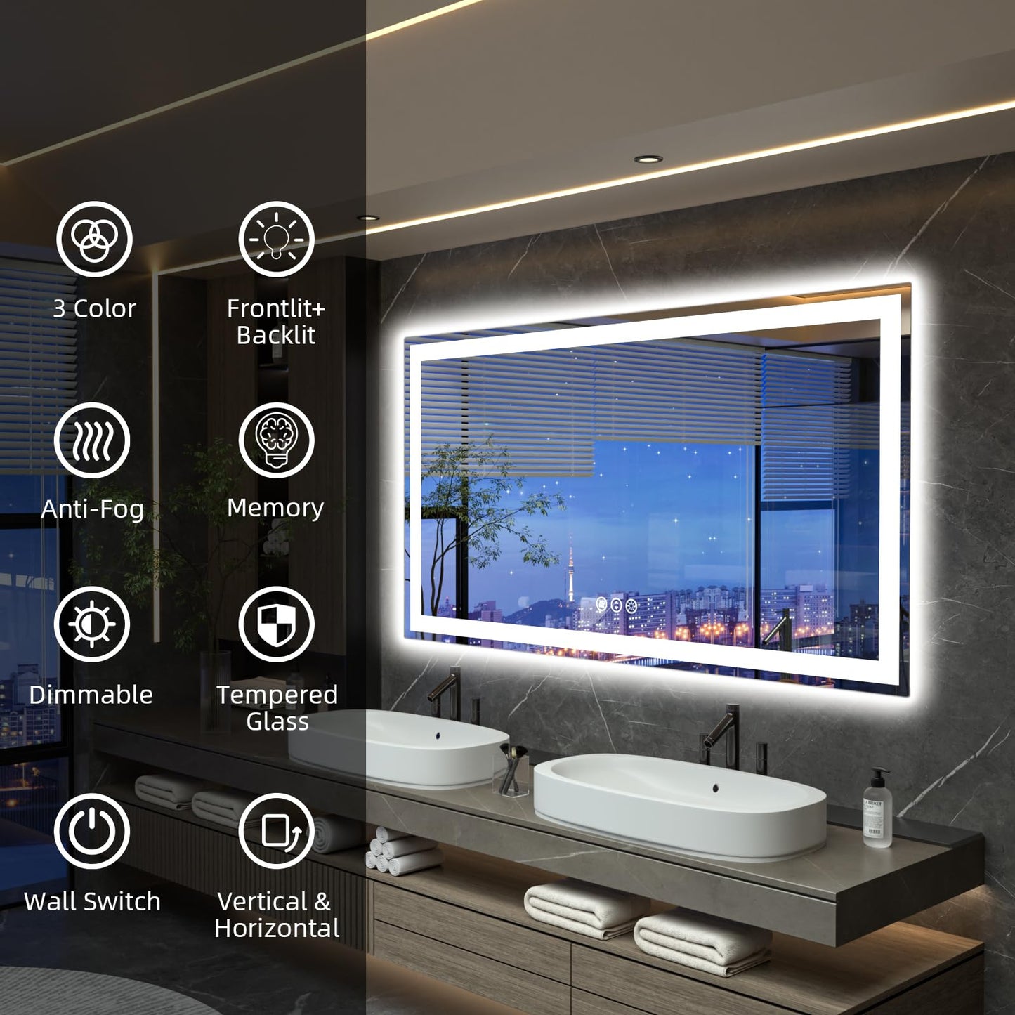 miskerm 55"x 30" LED Bathroom Mirror with Lights, Double Lighting Sources Dimmable, Anti-Fog Vanity Mirror with Lights, Lighted Bathroom Vanity Mirror for Wall Tempered Glass (Horizontal/Vertical)