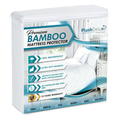 PlushDeluxe Premium Bamboo Mattress Protector – Queen Size, Waterproof, & Ultra Soft Breathable Noiseless Washable Bed Mattress Cover for Comfort & Protection - White