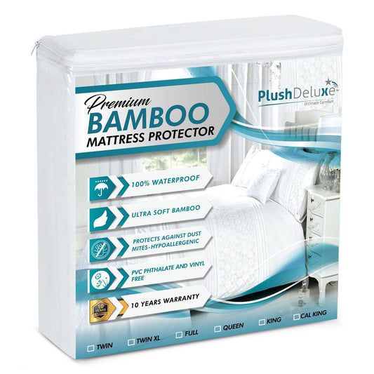 PlushDeluxe Premium Bamboo Mattress Protector – Queen Size, Waterproof, & Ultra Soft Breathable Noiseless Washable Bed Mattress Cover for Comfort & Protection - White