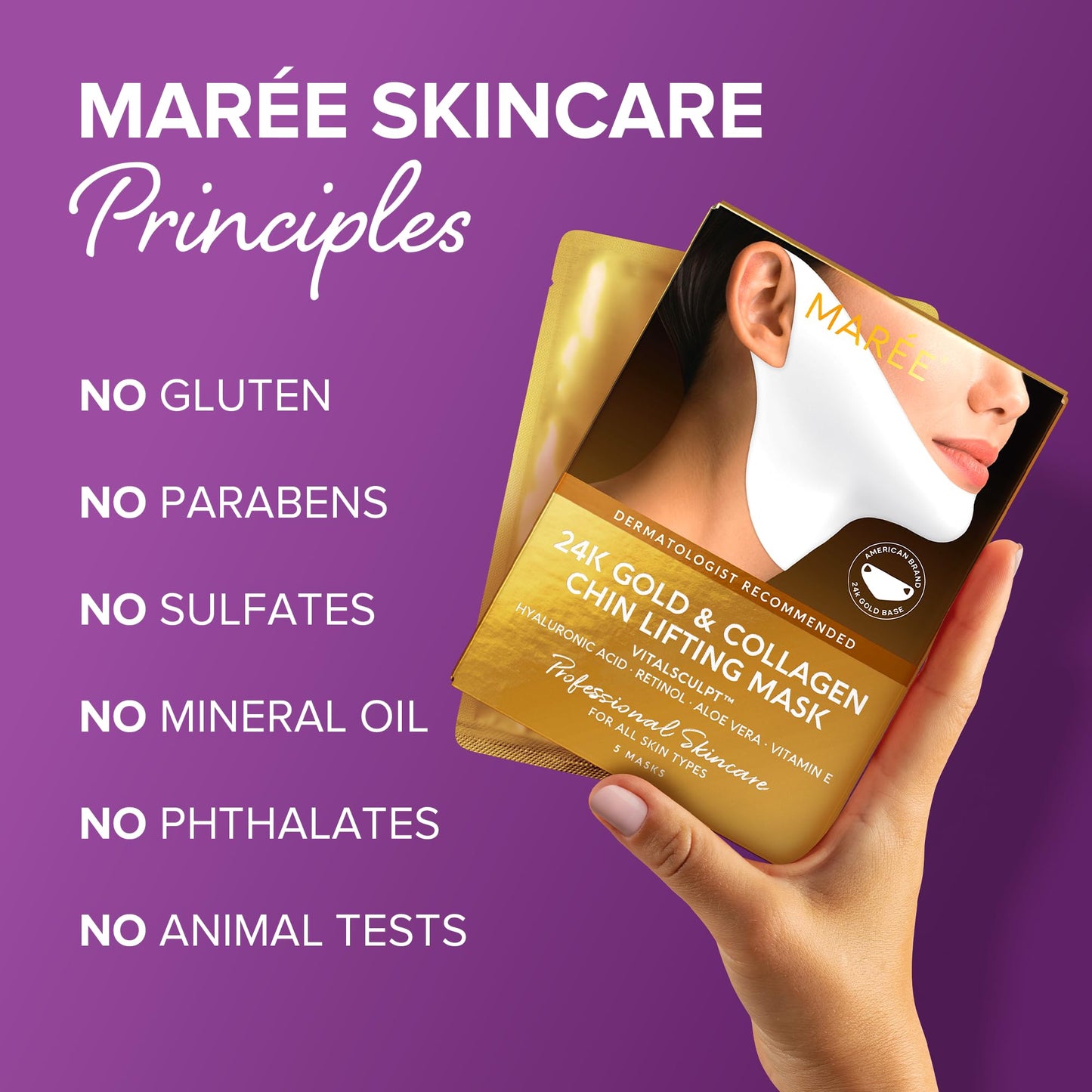 MAREE Collagen Facial Mask with Hyaluronic Acid - Hydrating Face Masks Skincare - Mascarillas Faciales For Women Skin Care - Gold, 5 Count