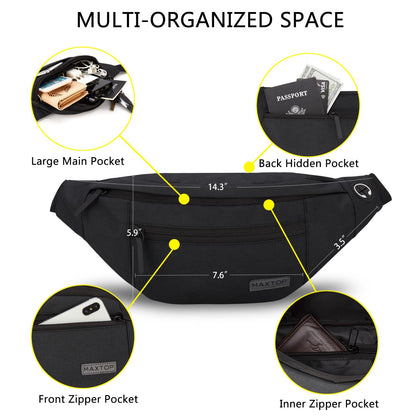 MAXTOP Large Crossbody Fanny Pack with 4-Zipper Pockets,Gifts for Enjoy Sports Festival Workout Traveling Running Casual Hands-Free Wallets Waist Pack Phone Bag Carrying All Phones