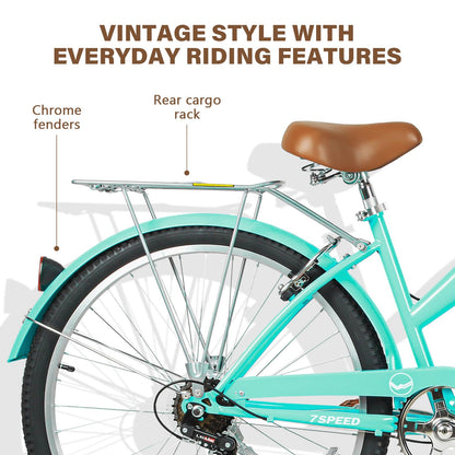 WEIZE Beach Cruiser Bike, 26 inch Commuter Bicycle for Adult Men and Women, 7-Speed/High-Carbon Steel/Front & Rear Fenders, Comfortable City Bikes with Rear Rack&Basket, Teal