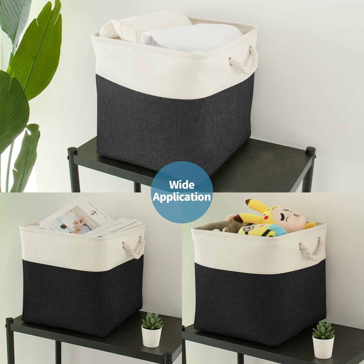 HOdo Home Fabric Storage Bin with Drawstring Closure and 2 Bold Handles, Collapsible Large Canvas Storage Baskets for Organizing Shelf Nursery Home Closet (Black&White, 13L×13W×13H - 3Pack)