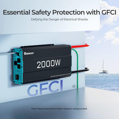 Renogy Inverter P2 2000W Pure Sine Wave Inverter 12V DC to 110V AC Converter, Off-Grid Solar Power Inverters for Vehicles, Truck, RV, Home, with Built-in 5V/2.1A USB / Hardwire Port, Remote Controller