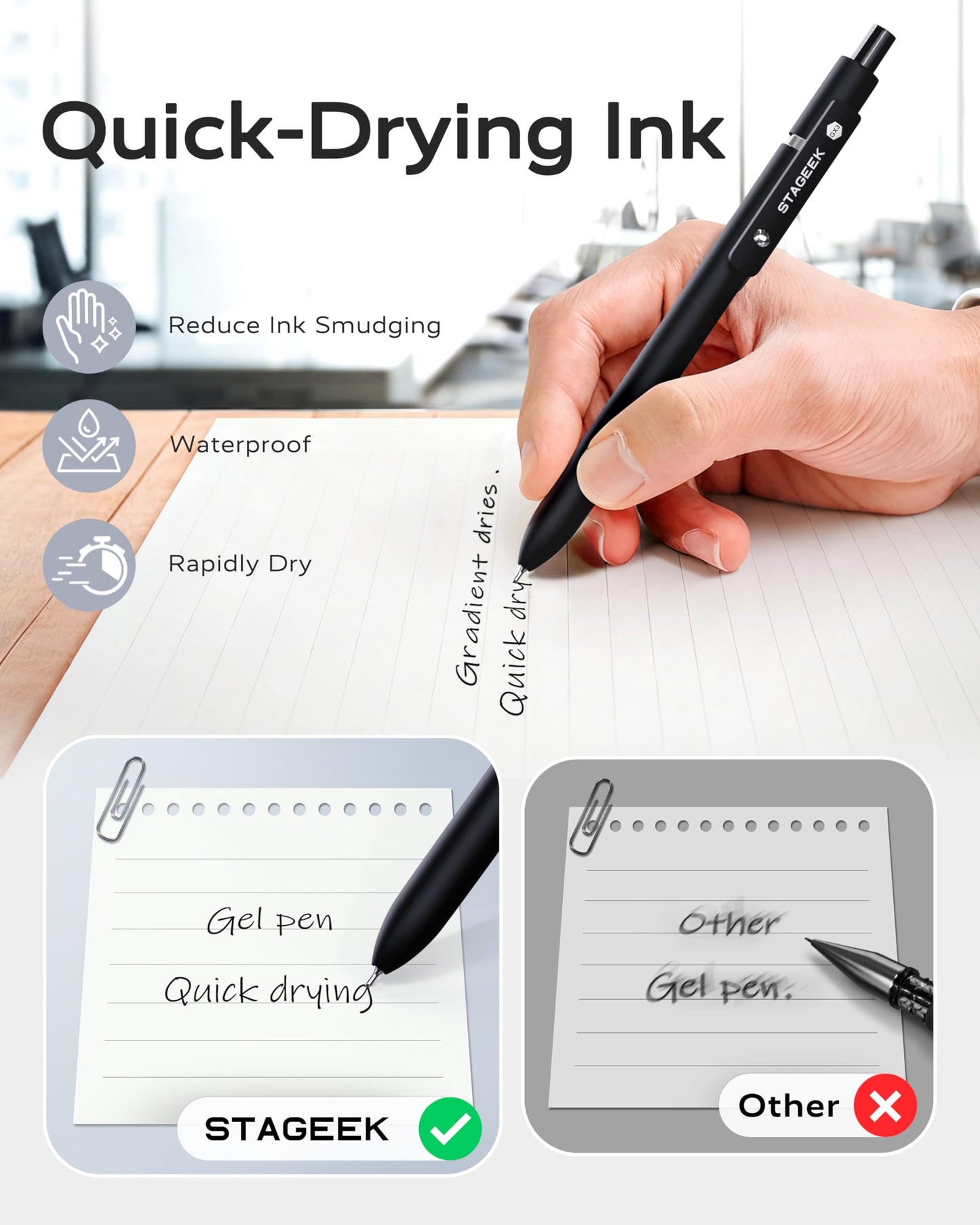 STAGEEK Black Gel Pens, 12Pcs Fine Point Smooth Writing Pens with 3 Extra Refills, Quick Dry Black Ink Pens for Journaling, Office, Note Taking, School Supplies, Nurse Aesthetic(Black)