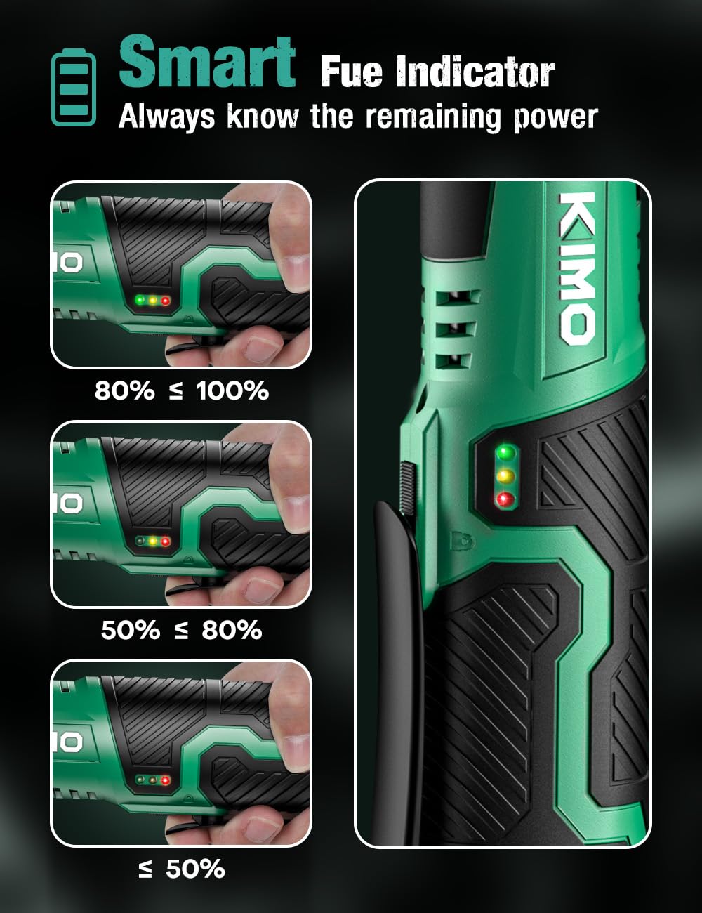 KIMO 3/8" Extended Electric Ratchet Wrench Set, 40 Ft-Lbs 400 Rpm 12V Cordless Ratchet Wrench w/ 2-Pack 2.0 Ah Batteries, 1 Hour Fast Charger & 8 Sockets, Power Ratchet w/Variable Speed & LED Light
