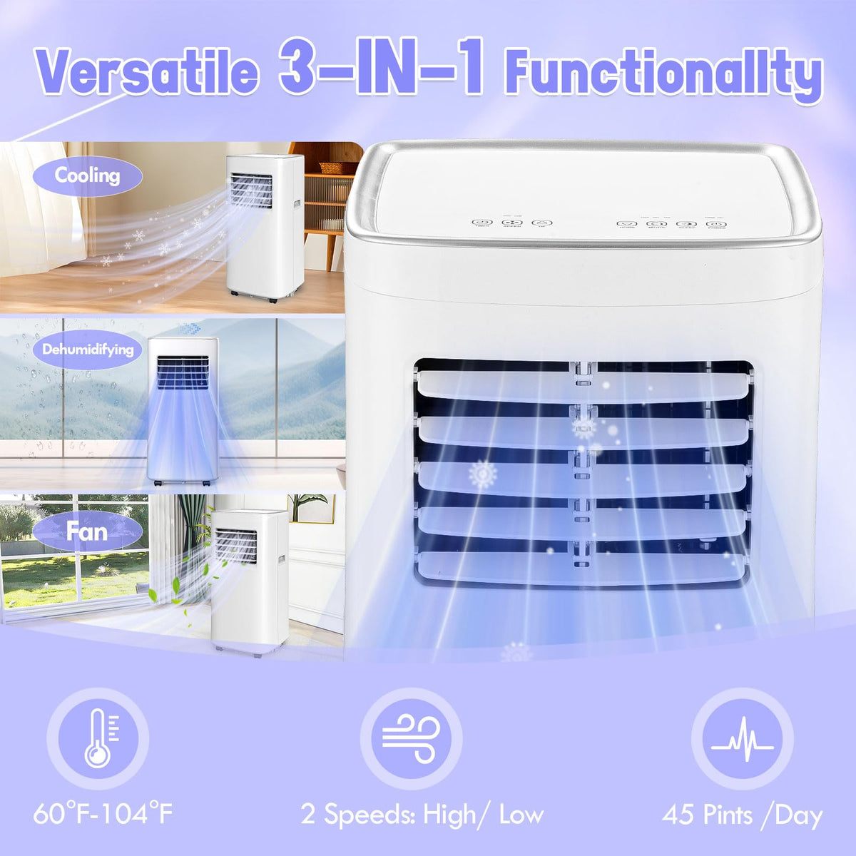Spürbar 8500BTU Portable Air Conditioner 3-IN-1 with Fan&Dehumidifier AC unit with LED Remote Control up to 450 sq.ft. Room Air Conditioner with Sleep Mode,24H Timer,2 speed,Auto-evaporativ.