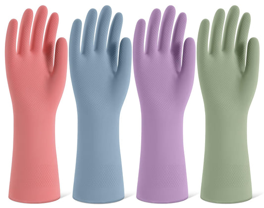 Rubber Cleaning Gloves for Dishwashing, 4 Pairs Reusable Kitchen Gloves for Washing Dishes and Household Cleaning, Colorful Dish Gloves with Flocked Lining and Non-Slip Grip, Pefect for Woman Men - M