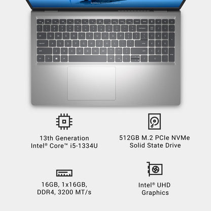 Dell 15 Laptop DC15250-15.6-inch FHD (1920x1080) 120Hz Display, Intel Core i5-1334U Processor, 16GB DDR4 RAM, 512GB SSD, Intel UHD Graphics, Windows 11 Home, Onsite Service - Platinum Silver