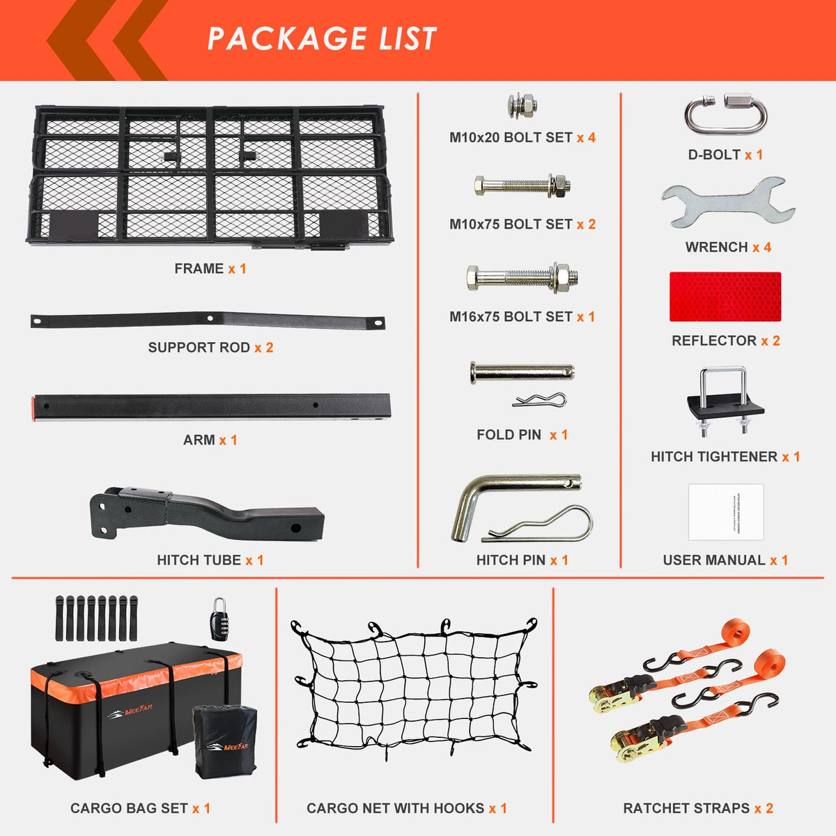 MeeFar High Rail Trailer Folding Hitch Mount Cargo Carrier Basket 60" X 24" X 14"+Waterproof Cargo Bag 20 cu ft(59" 24" 24"), Capacity of 500 Lbs with Hitch Stabilizer, Net, Lock and Straps