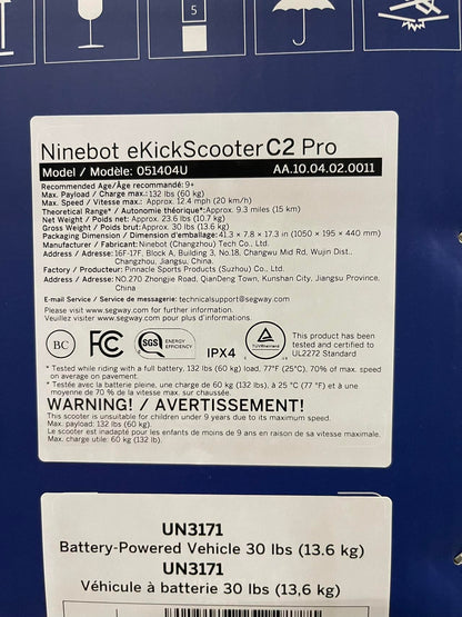 Segway Ninebot eKickScooter C2 Pro w/9.3 mi Max Operating Range & 12.4 mph Max Speed, Kids Electric Scooter Designed for Teens Ages 9+, UL-2272 Certified