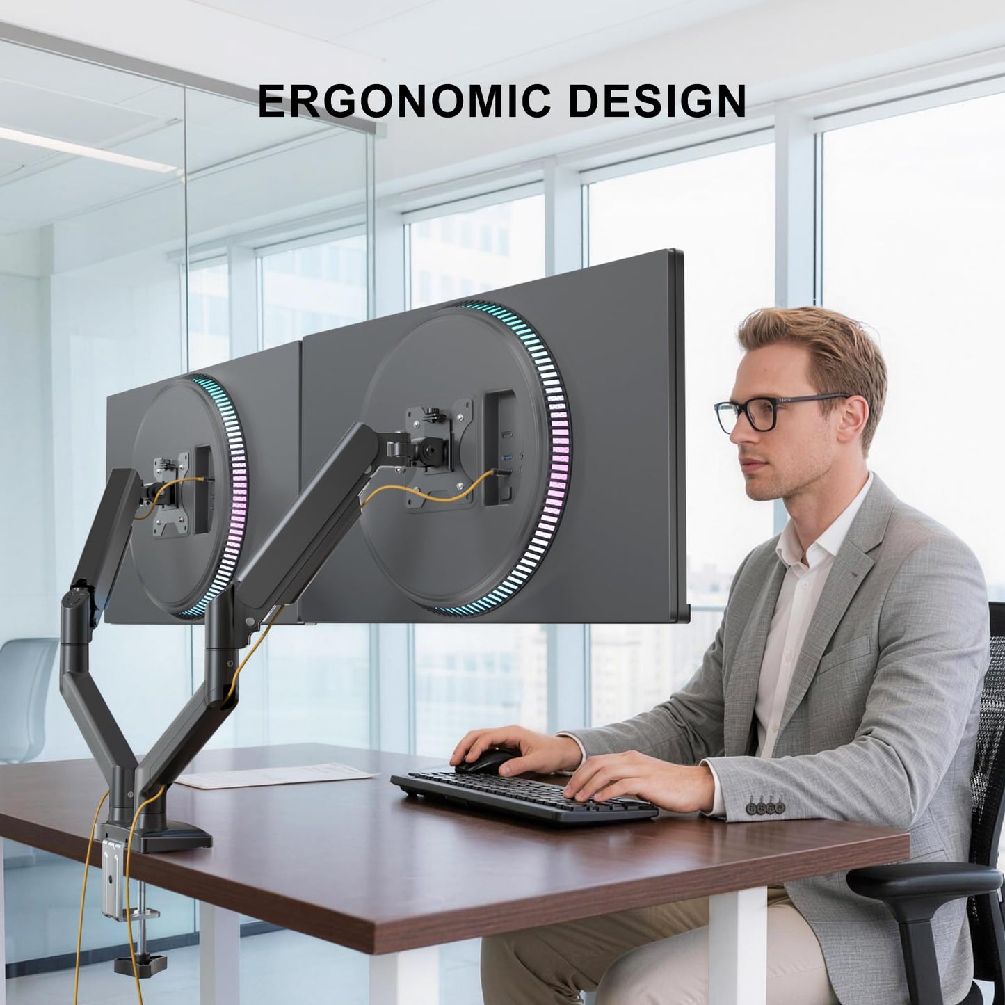 WALI Dual Monitor Stand for 17-32 inch Computer Screens, Dual Monitor Arms for 2 Monitors Holds up to 22 lbs, Height Adjustable Gas Spring Dual Monitors Mount, VESA 75x75/100x100mm (GSMP002N), Black
