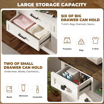 BROTTAR Dresser with Mirror for Bedroom, Chest of Drawers with LED Mirror, 8 Drawer Dresser, White Dressers for Kids, Wood Dressers, Farmhouse Makeup Vanity with Storage for Bedroom