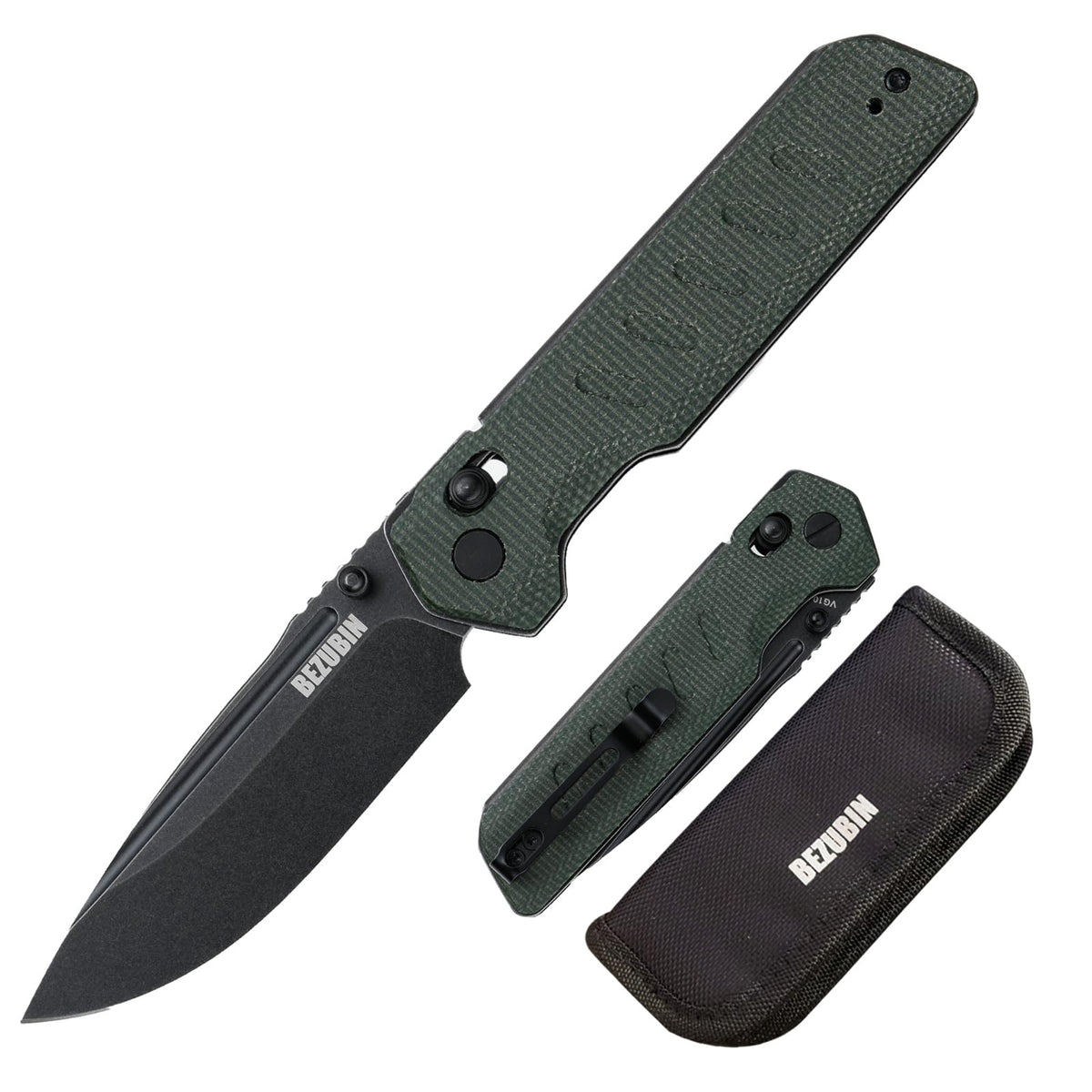 BEZUBIN Folding Pocket Knife 3.25" VG10 Blade EDC Folding Knife with Safety Axis Lock Army Green Micarta Handle Hunting Camping Knife with Thumb Stud Opener
