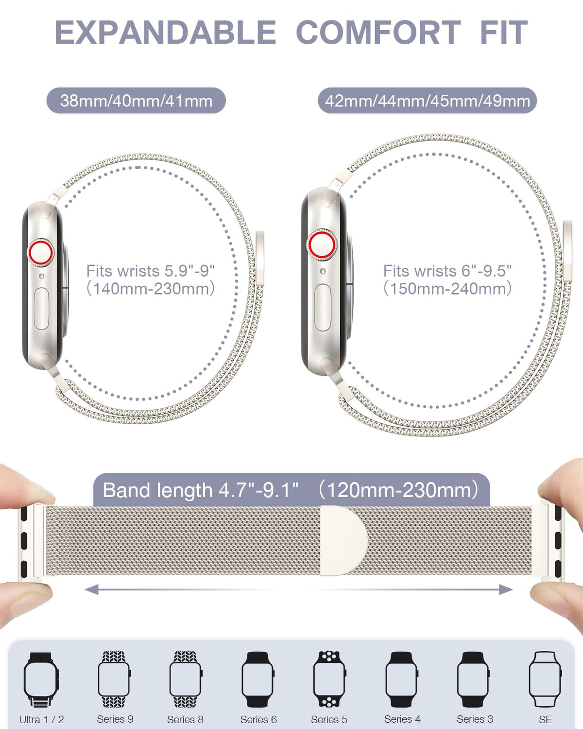 Original Stainless Steel Milanese Loop Compatible with Apple Watch Band 38mm 40mm 41mm 42mm 44mm 45mm 49mm, Magnetic Clasp Replacement Band for iwatch Series 9, Ultra 2/Ultra, SE/SE 2nd Generation, 8 7 6 5 4 3 2 1, Women & Men Watch Bands for iWatch (Star