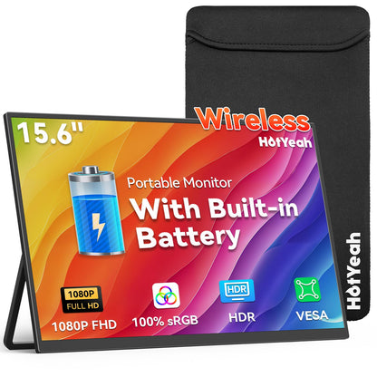 Wireless Portable Monitor Battery-Powered, Support AirPlay Miracast, 15.6" 1080P IPS Monitor USB-C HDMI External Display, 2nd Screen for Laptop MacBook PC Phone Tablet, w/Built-in Battery(4- 5H)