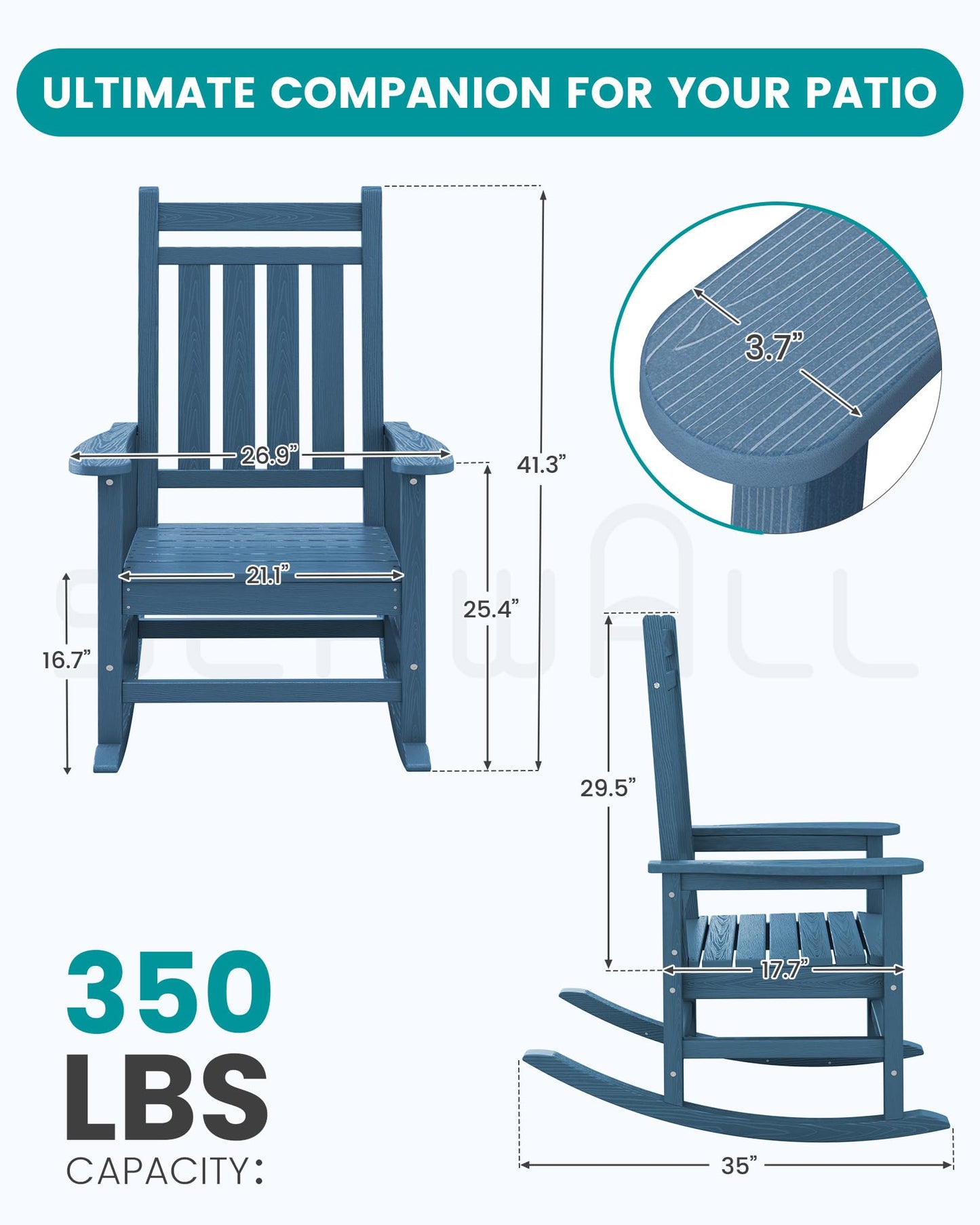 SEWALL Oversized Outdoor Rocking Chair Set of 2, HDPE Rocking Chair for Adults, Patio Rocking Chairs for Porch, Blue
