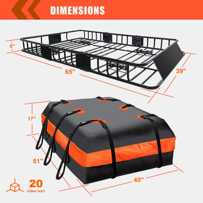 MeeFar Roof Rack Carrier Basket Universal Rooftop 65" X 39" X 6" Large Size Roof Rack + Waterproof Bag 20 Cubic Feet (51" 40" 17"), and Cargo Net with Attachment Hooks, Ratchet Straps