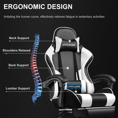 GTPLAYER Gaming Chair, Computer Chair with Footrest and Lumbar Support, Height Adjustable Game Chair with 360°-Swivel Seat and Headrest and for Office or Gaming (Snow White)