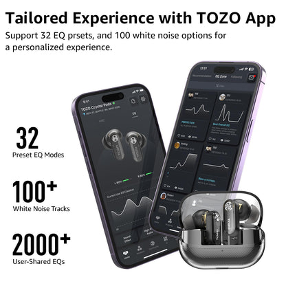 TOZO Crystal Pods Hybrid Active Noise Cancelling Wireless Earbuds, 10mm Drivers Deep Bass, 4 Mics Smart ENC AI Calls, Real-Time AI Translation, 32 EQ via App, Bluetooth 5.4, Crystal Design