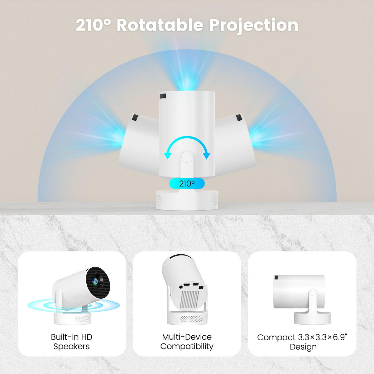 Mini Portable Projector with 4K Support, Bluetooth 5.4 WIFI6, 5watt Sound Base Speaker, 160 ANSI, Android 11, 210° Rotation , Auto Keystone Correction Video Projector HY300 Pro+