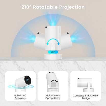 Mini Portable Projector with 4K Support, Bluetooth 5.4 WIFI6, 5watt Sound Base Speaker, 160 ANSI, Android 11, 210° Rotation , Auto Keystone Correction Video Projector HY300 Pro+