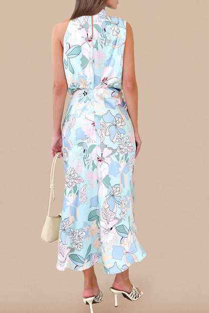 PRETTYGARDEN Women's 2025 Summer Satin Dress Elegant Sleeveless Mock Neck Cocktail Party Maxi Dresses (Print Blue,Large)
