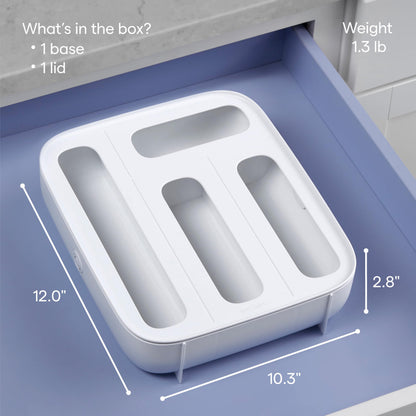 StoraBag Drawer Food Bags Dispenser, 4-Slot, Plastic Sandwich Bag Organizer for Kitchen Storage, White