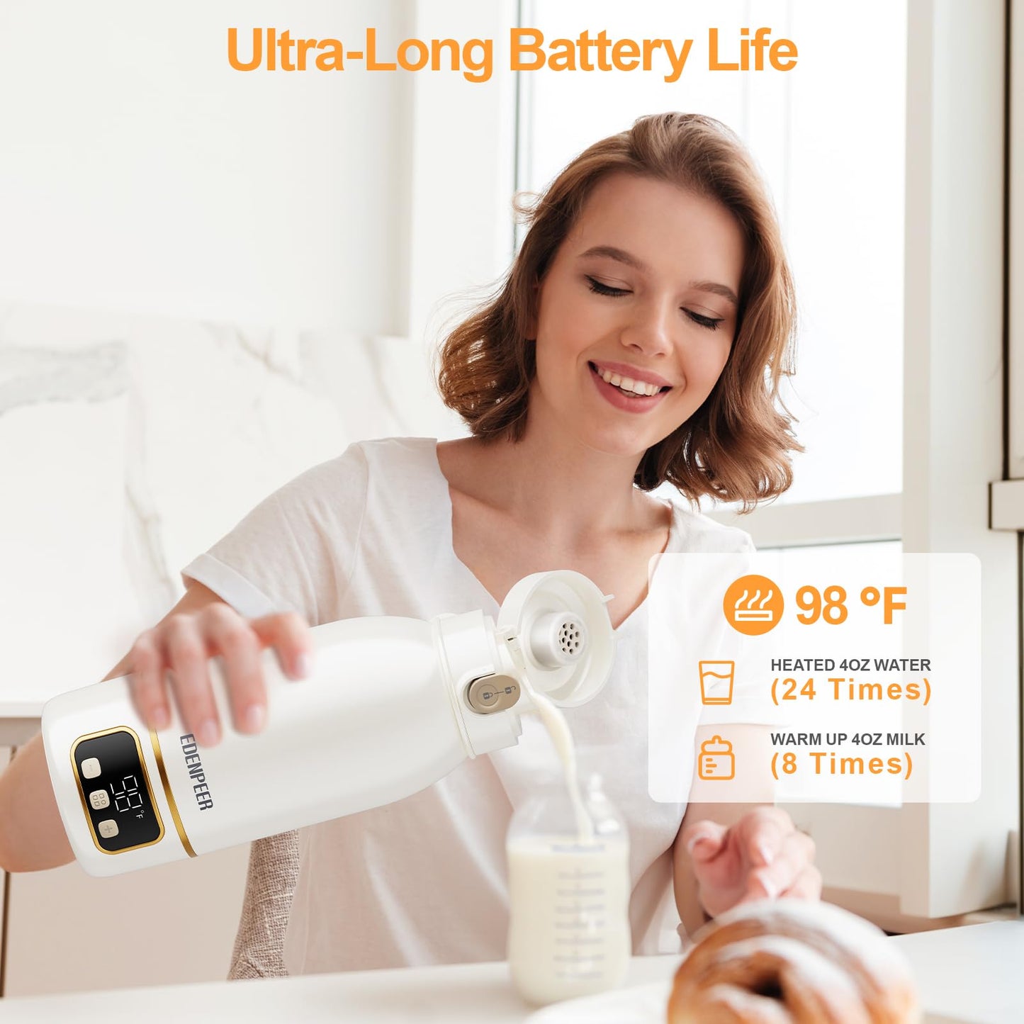 EDENPEER Portable Milk Warmer for Travel, Cordless Bottle Warmer,Instant Breastmilk, Formula, Water, Milk Warmer with 17 Ounces Big Capacity& Extended Battery Life, Super Fast Charging