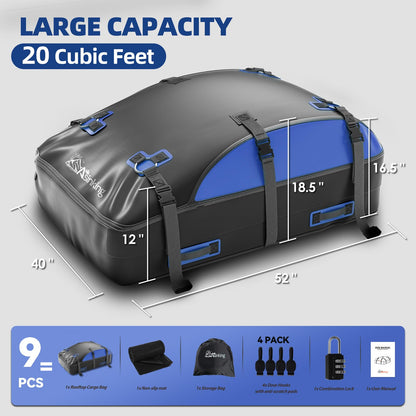 Car Rooftop Cargo Carrier Bag 20 Cubic Feet, 100% Waterproof Roof Bag Top Luggage Carrier for Any Vehicles with/Without Rack Cross Bar, Includes Anti-Slip Mat +4 Door Hooks +Storage Bag +Lock