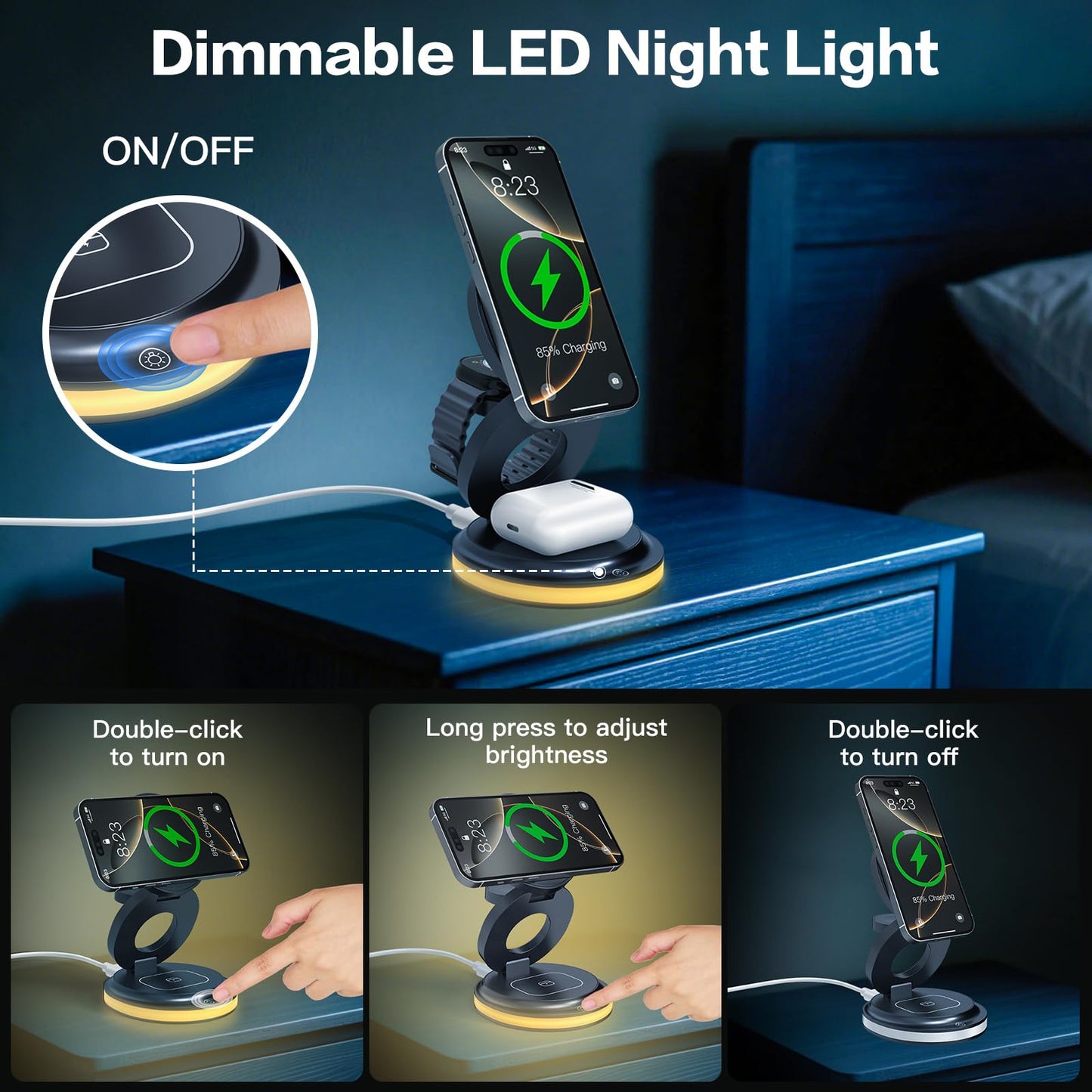 ZealSound 3-in-1 Foldable Magnetic Wireless Charger Stand – 15W Fast Charge with Night Light & Includes 30W Adapter, Portable Charging Pad for iPhone, Apple Watch & AirPods 2/3, Home, Office, Travel