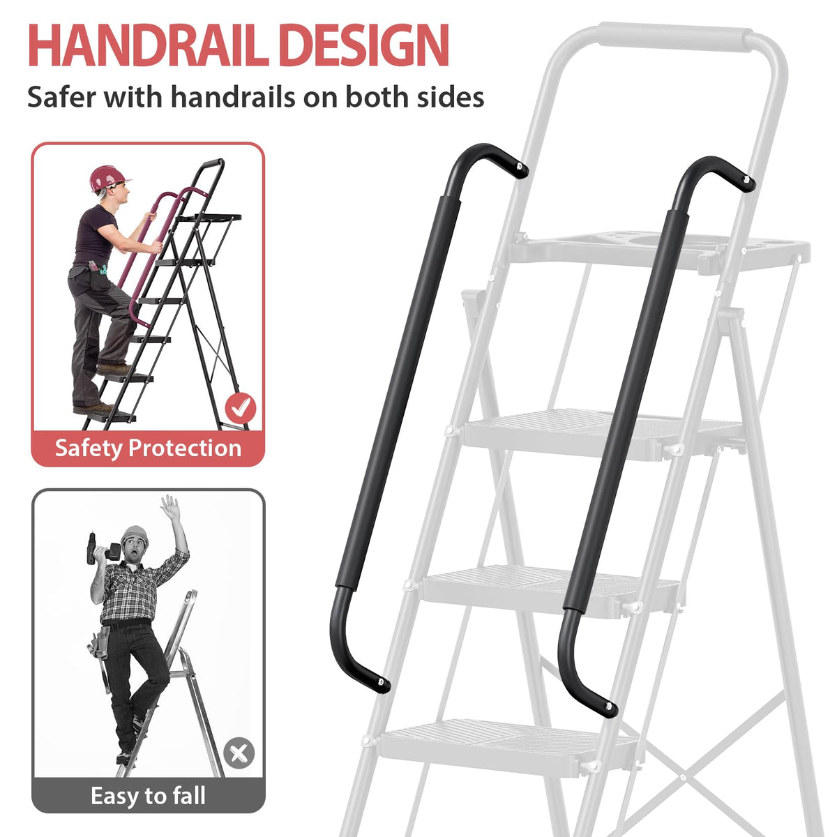 KINGRACK Folding 5 Step Ladder, Portable Ladder for Multi-Purpose, Home, Kitchen, Heavy Sturdy Steel Step Stool with Anti-Slip Wide Pedals, Handrail, Safe-Lock Design, Pass 500lbs Load Testing, Black